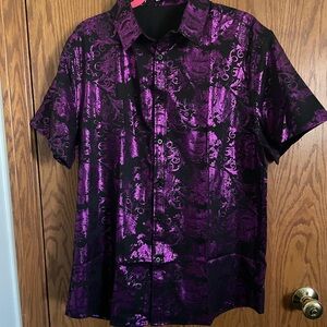 Zeroyaa Purple / Black Paisley Shirt Metallic Short Sleeve Men's Sz Slim XL NWOT